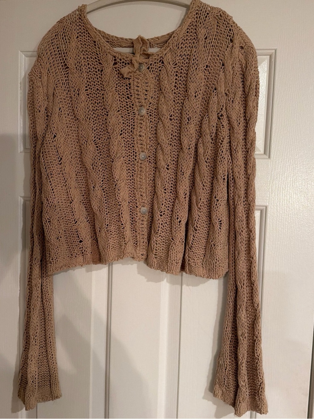 Free People Robyn Cropped Cable Knit Cardigan Sweater - Tan size M